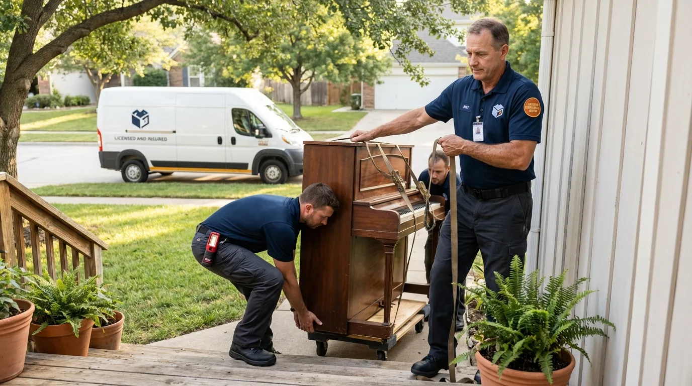 Licensed piano movers securing grand piano in Draper, UT