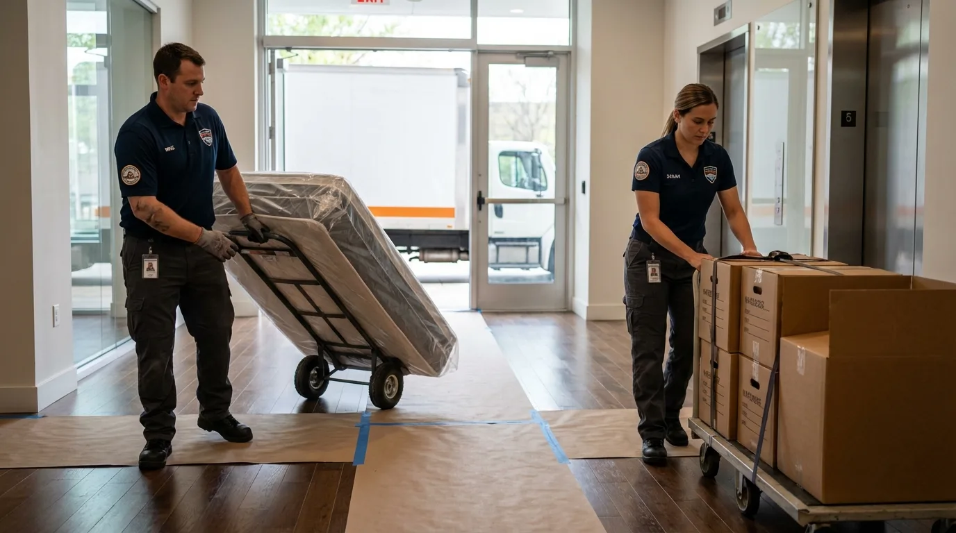 Professional apartment movers loading elevator in Draper, UT